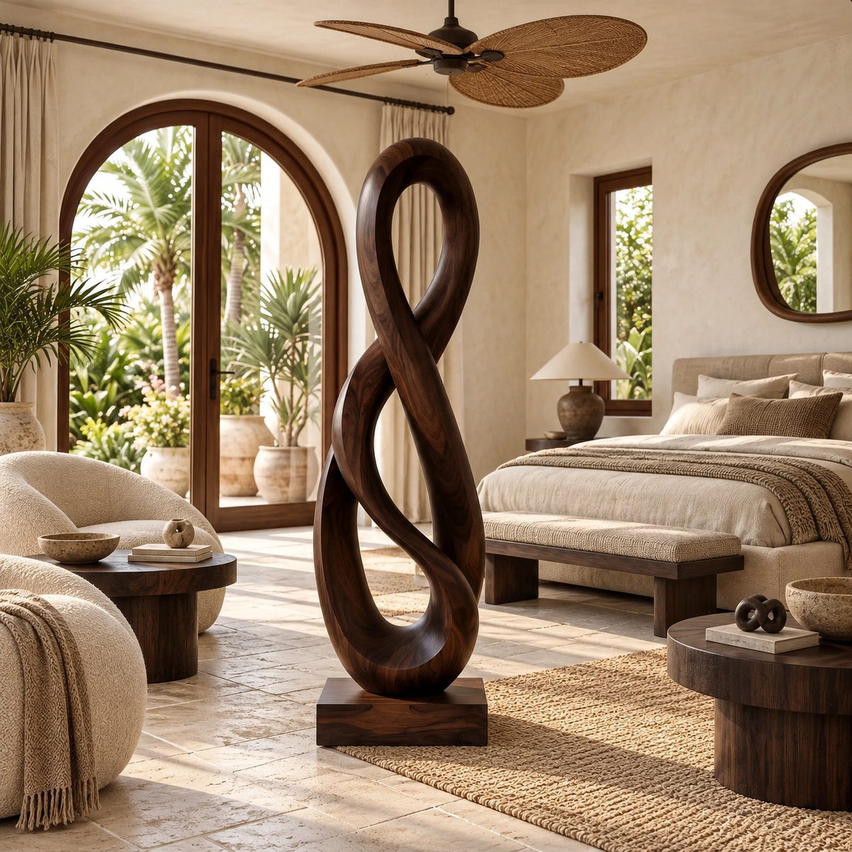 Modern Hand Carved Infinity Loop Wood Sculpture For Living Room