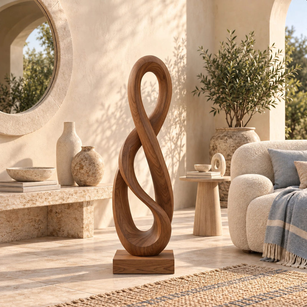 Modern Hand Carved Infinity Loop Wood Sculpture For Living Room
