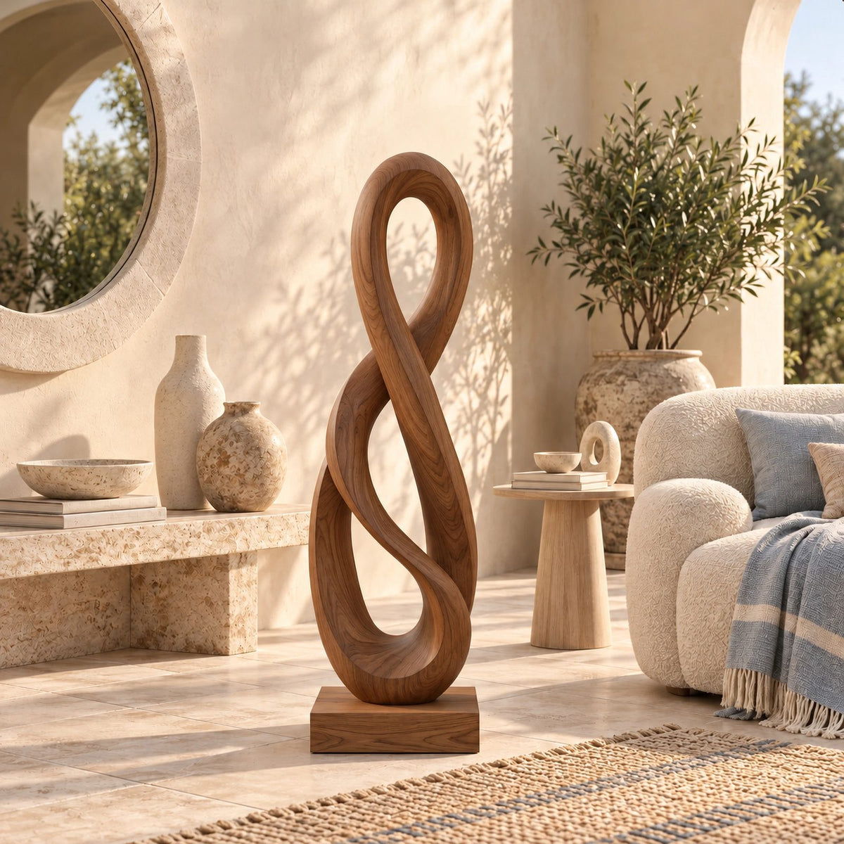 Modern Hand Carved Infinity Loop Wood Sculpture For Living Room