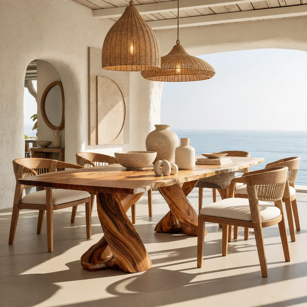 Sculptural Live Edge Dining Table With Twisted Root Pedestals For Dining Room