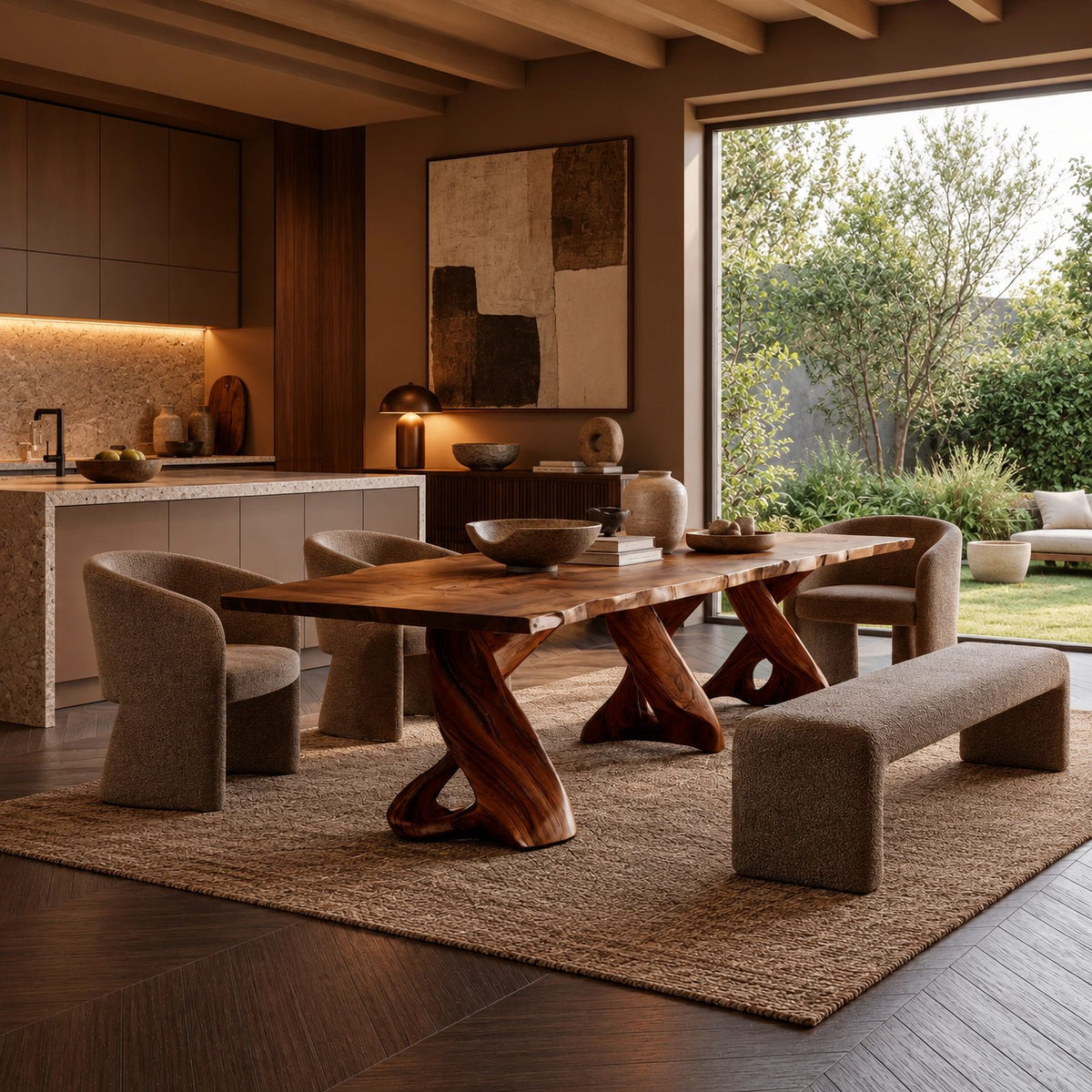 Sculptural Live Edge Dining Table With Twisted Root Pedestals For Dining Room