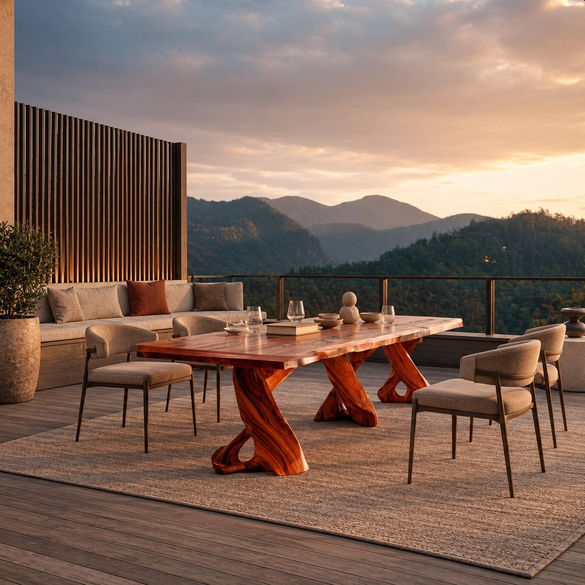 Sculptural Live Edge Dining Table With Twisted Root Pedestals For Dining Room