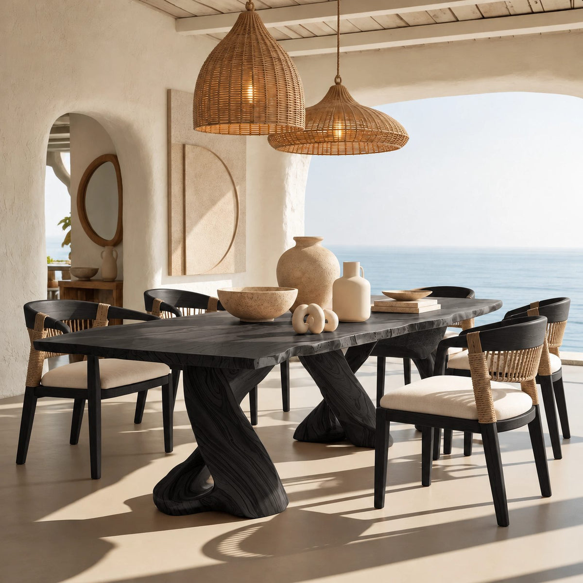 Sculptural Live Edge Dining Table With Twisted Root Pedestals For Dining Room