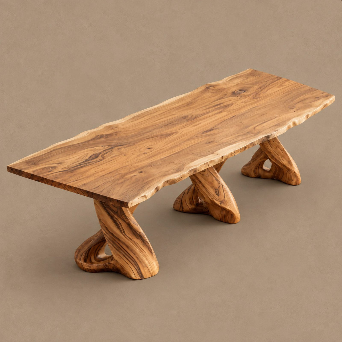 Sculptural Live Edge Dining Table With Twisted Root Pedestals For Dining Room