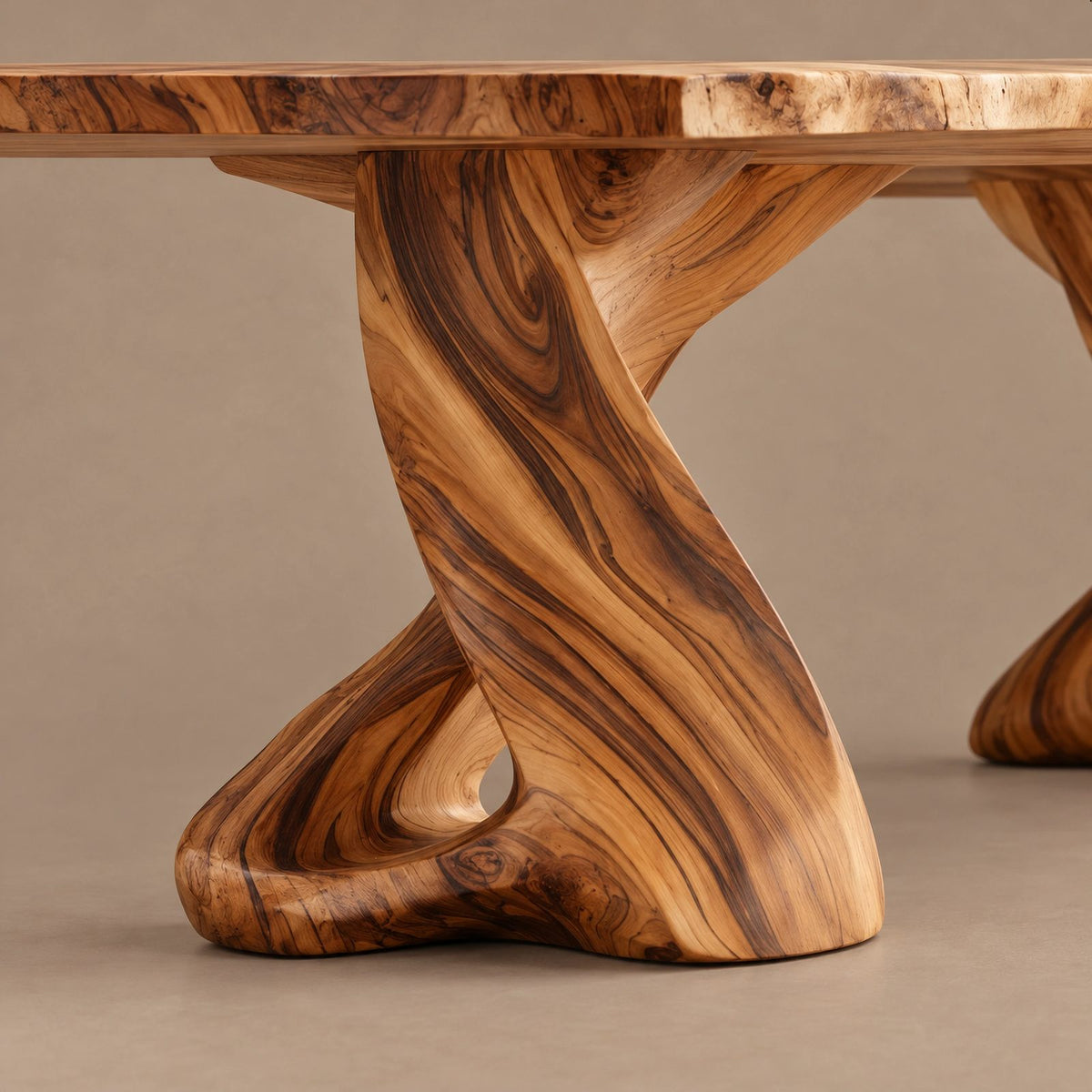 Sculptural Live Edge Dining Table With Twisted Root Pedestals For Dining Room