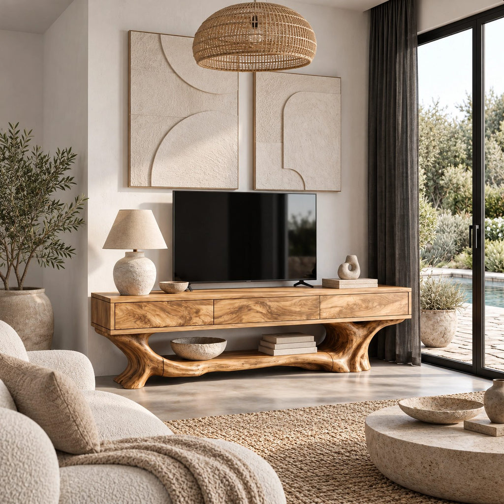 Organic TV Stand With Root Inspired Base For Living Room