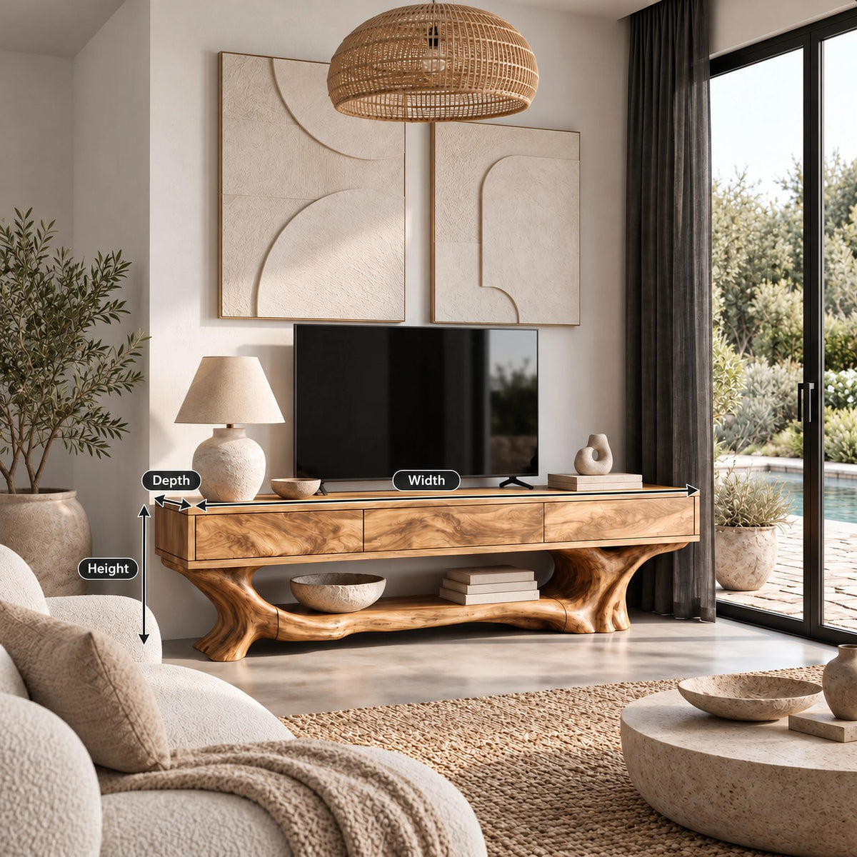 Organic TV Stand With Root Inspired Base For Living Room