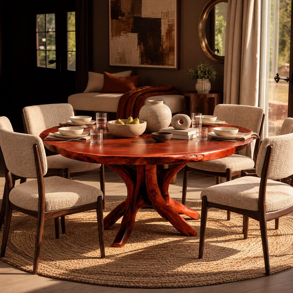Natural Round Dining Table With Carved Root Pedestal For Dining Room