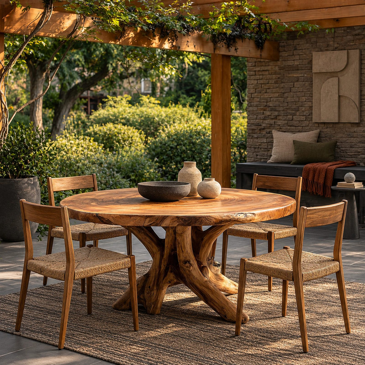 Natural Round Dining Table With Carved Root Pedestal For Dining Room