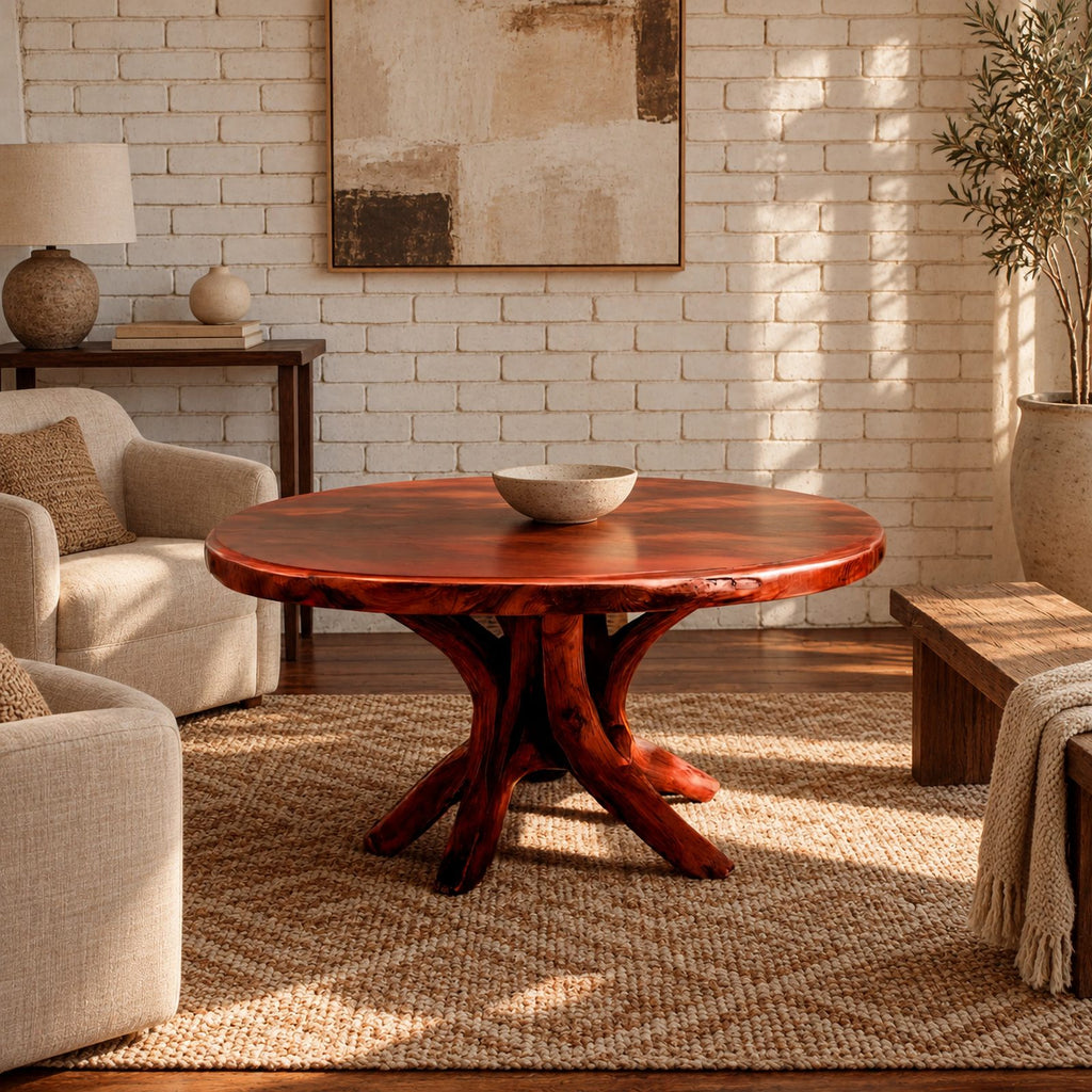 Natural Round Dining Table With Carved Root Pedestal For Dining Room