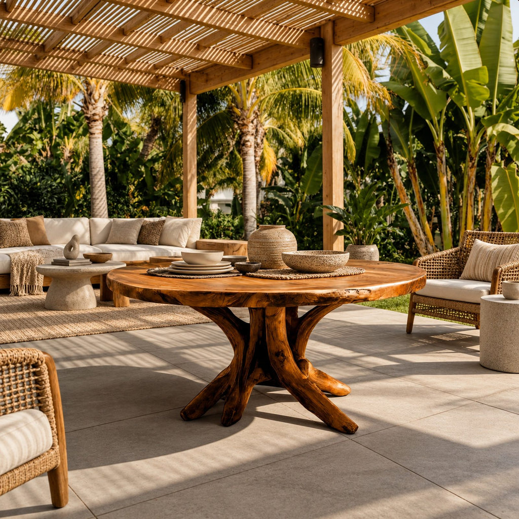 Natural Round Dining Table With Carved Root Pedestal For Dining Room