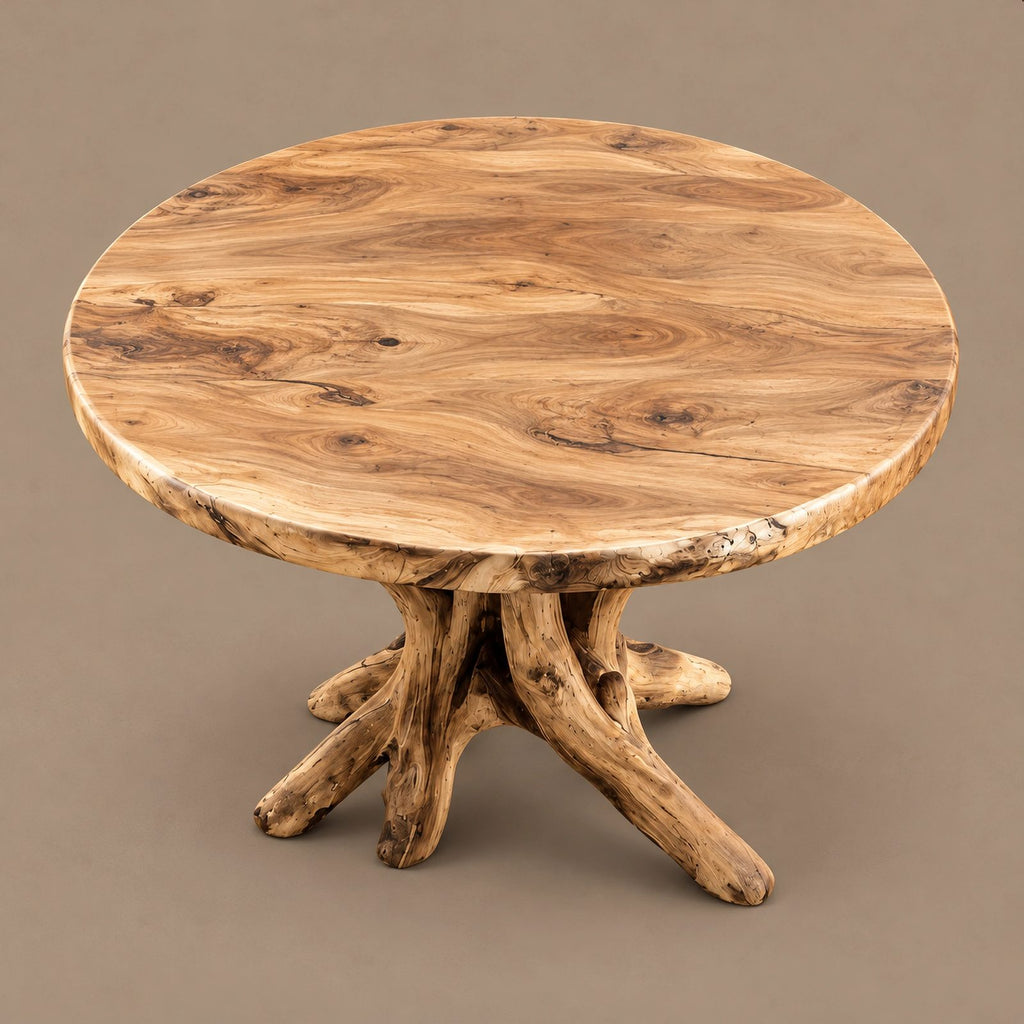 Natural Round Dining Table With Carved Root Pedestal For Dining Room