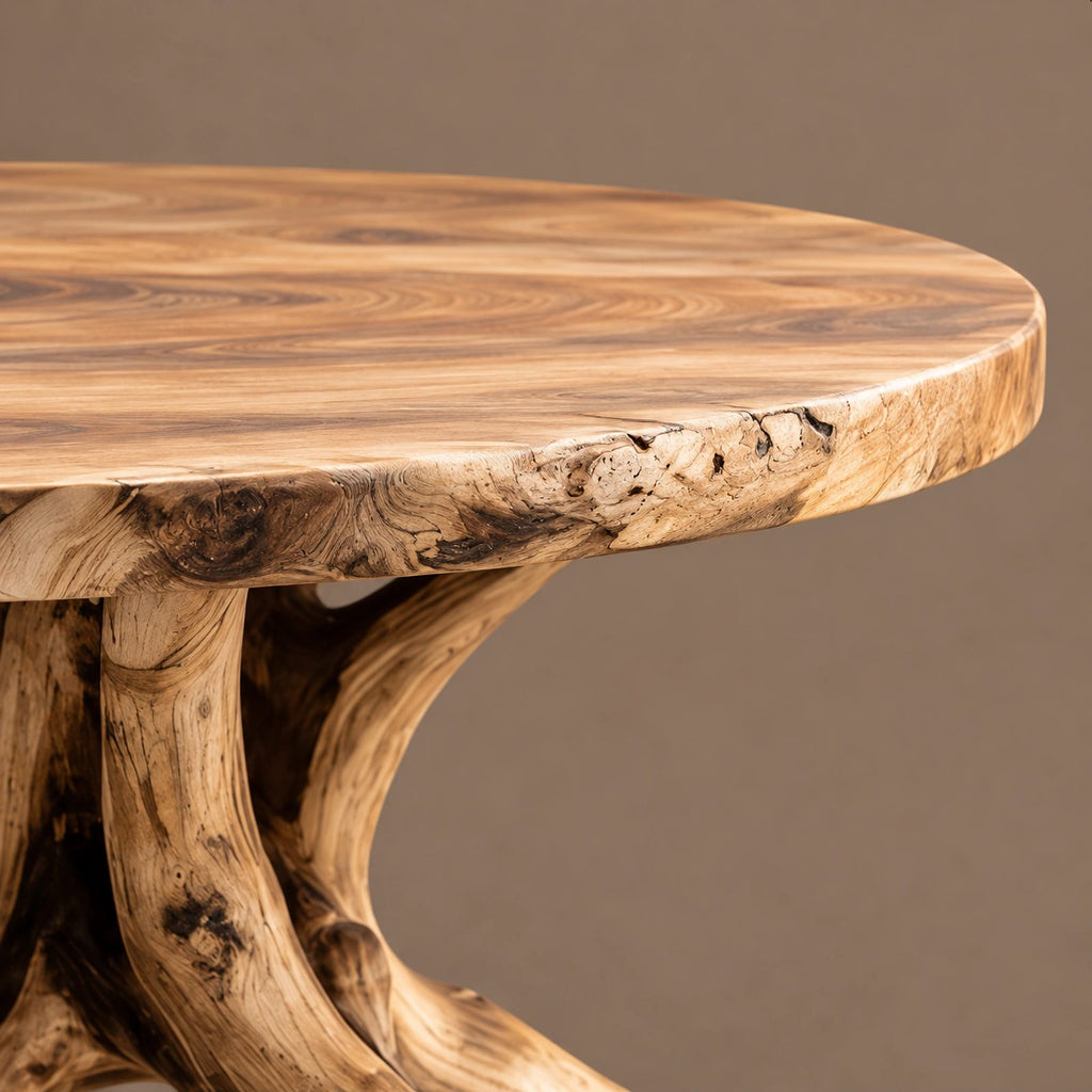 Natural Round Dining Table With Carved Root Pedestal For Dining Room