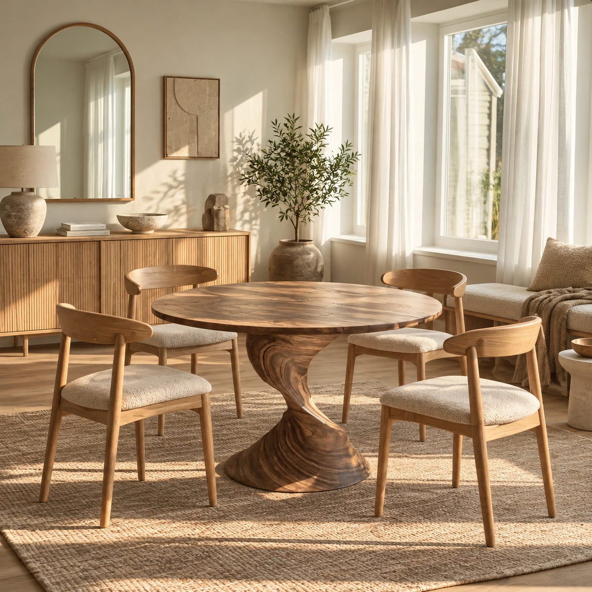 Sculptural Round Dining Table With Twisted Column Pedestal For Dining Room