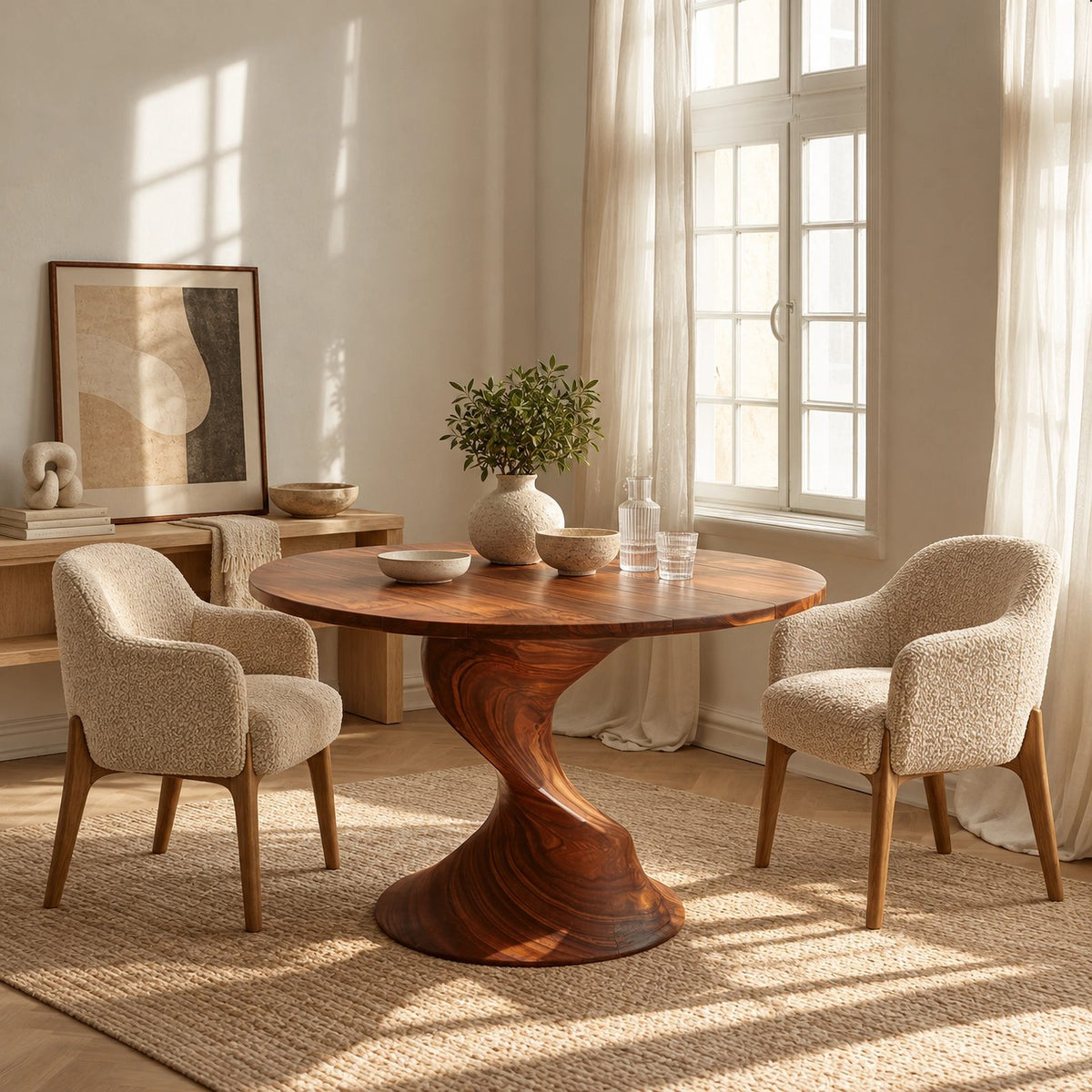 Sculptural Round Dining Table With Twisted Column Pedestal For Dining Room