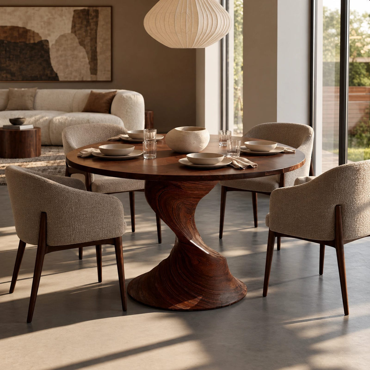 Sculptural Round Dining Table With Twisted Column Pedestal For Dining Room