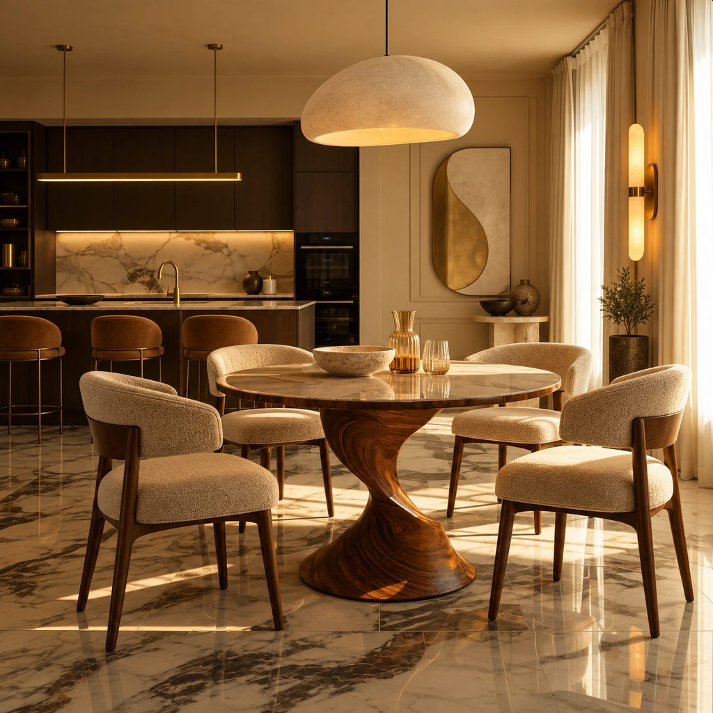 Sculptural Round Dining Table With Twisted Column Pedestal For Dining Room