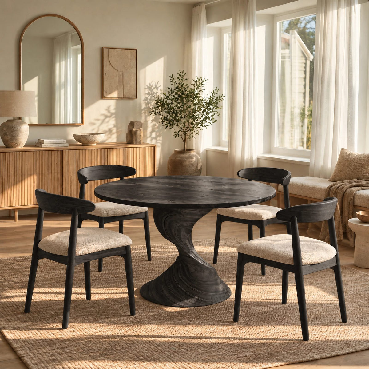 Sculptural Round Dining Table With Twisted Column Pedestal For Dining Room
