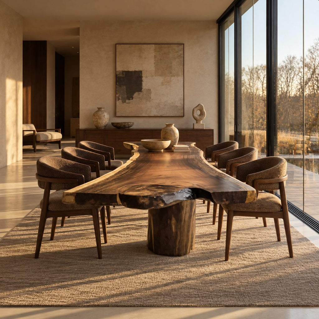 Modern Live Edge Dining Table With Sculpted Drum Pedestal For Dining Room