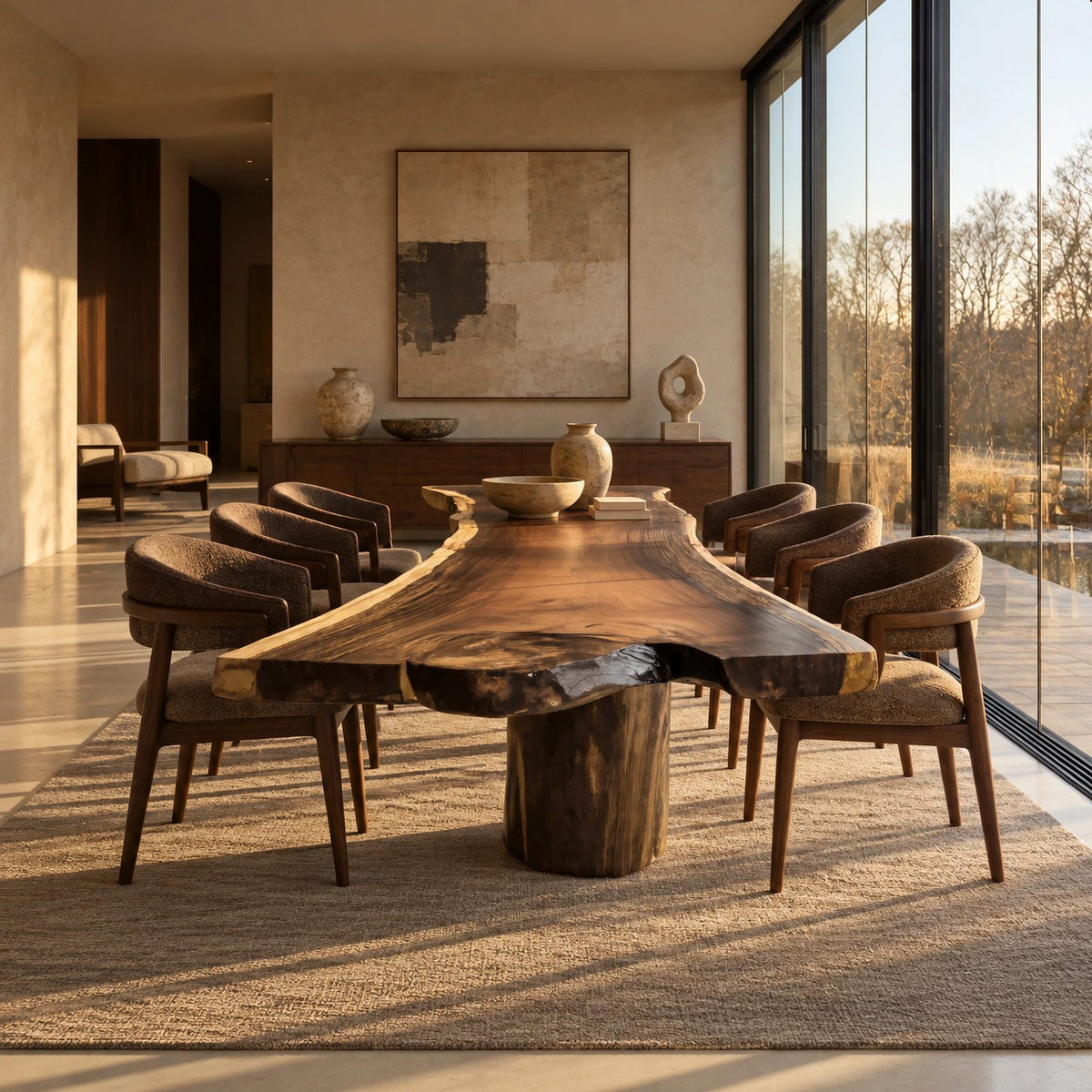 Modern Live Edge Dining Table With Sculpted Drum Pedestal For Dining Room