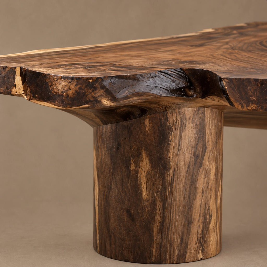 Modern Live Edge Dining Table With Sculpted Drum Pedestal For Dining Room