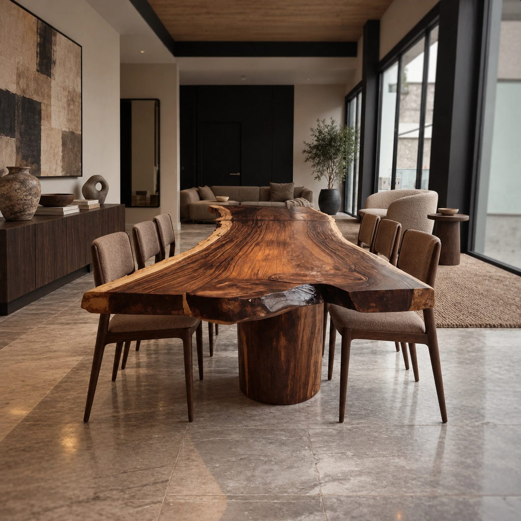 Modern Live Edge Dining Table With Sculpted Drum Pedestal For Dining Room