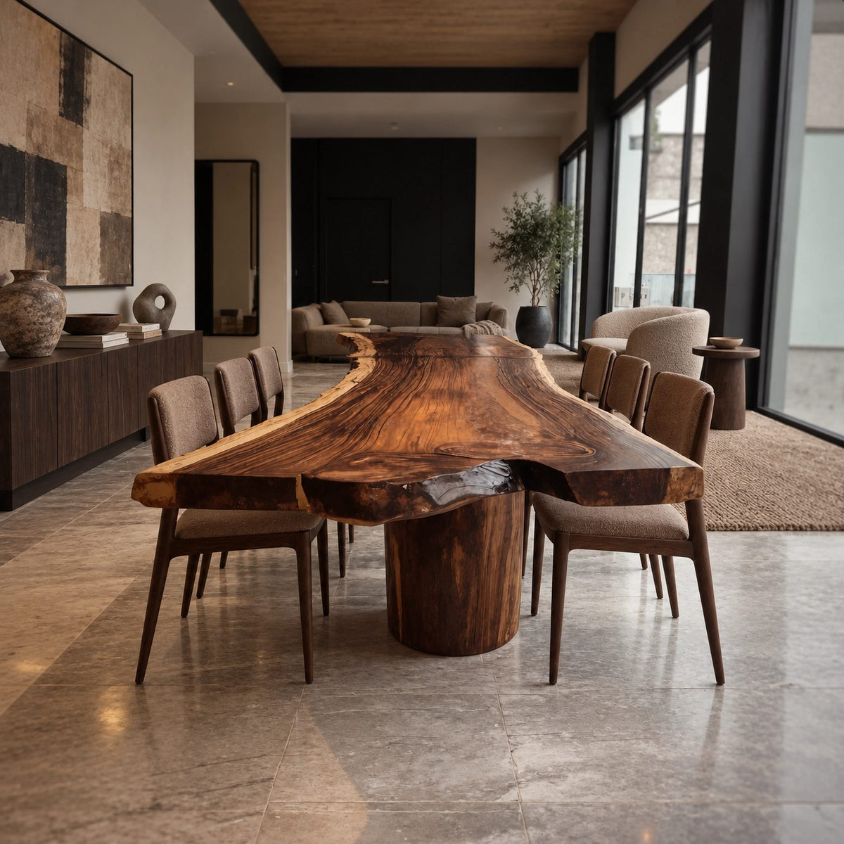 Modern Live Edge Dining Table With Sculpted Drum Pedestal For Dining Room