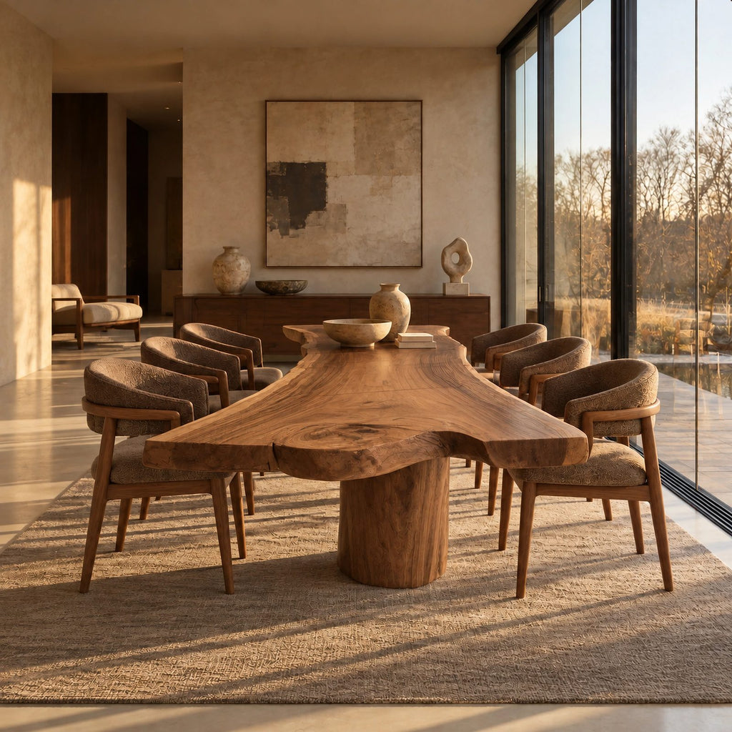 Modern Live Edge Dining Table With Sculpted Drum Pedestal For Dining Room