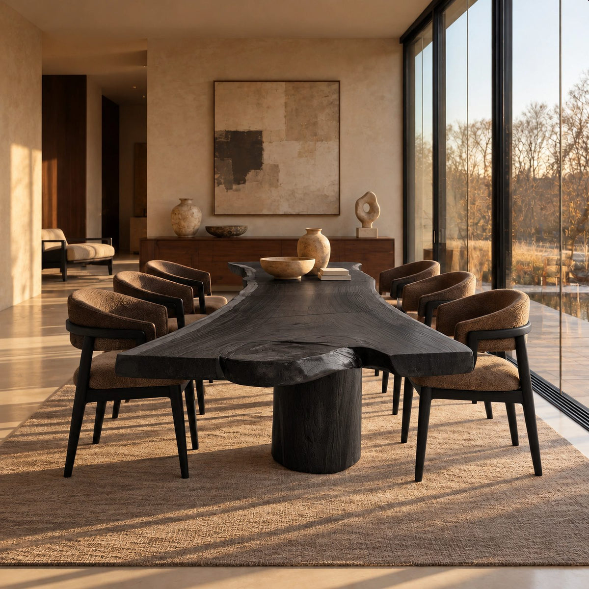 Modern Live Edge Dining Table With Sculpted Drum Pedestal For Dining Room