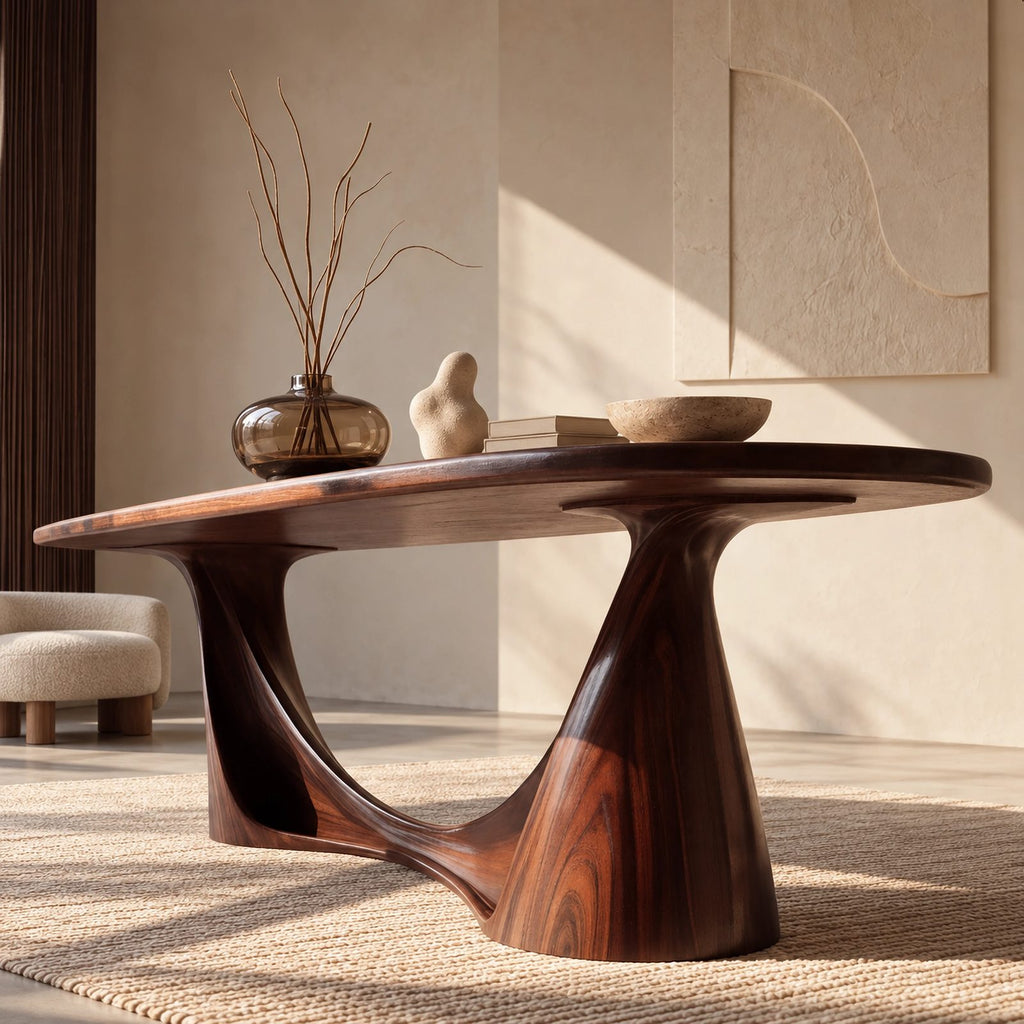 Minimalist Solid Wood Oval Dining Table With Sculpted Wing Base For Dining Room