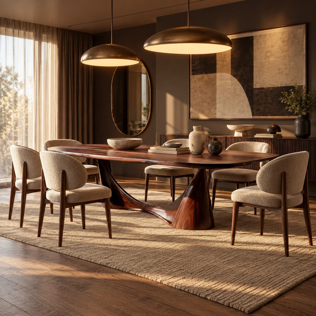 Minimalist Solid Wood Oval Dining Table With Sculpted Wing Base For Dining Room