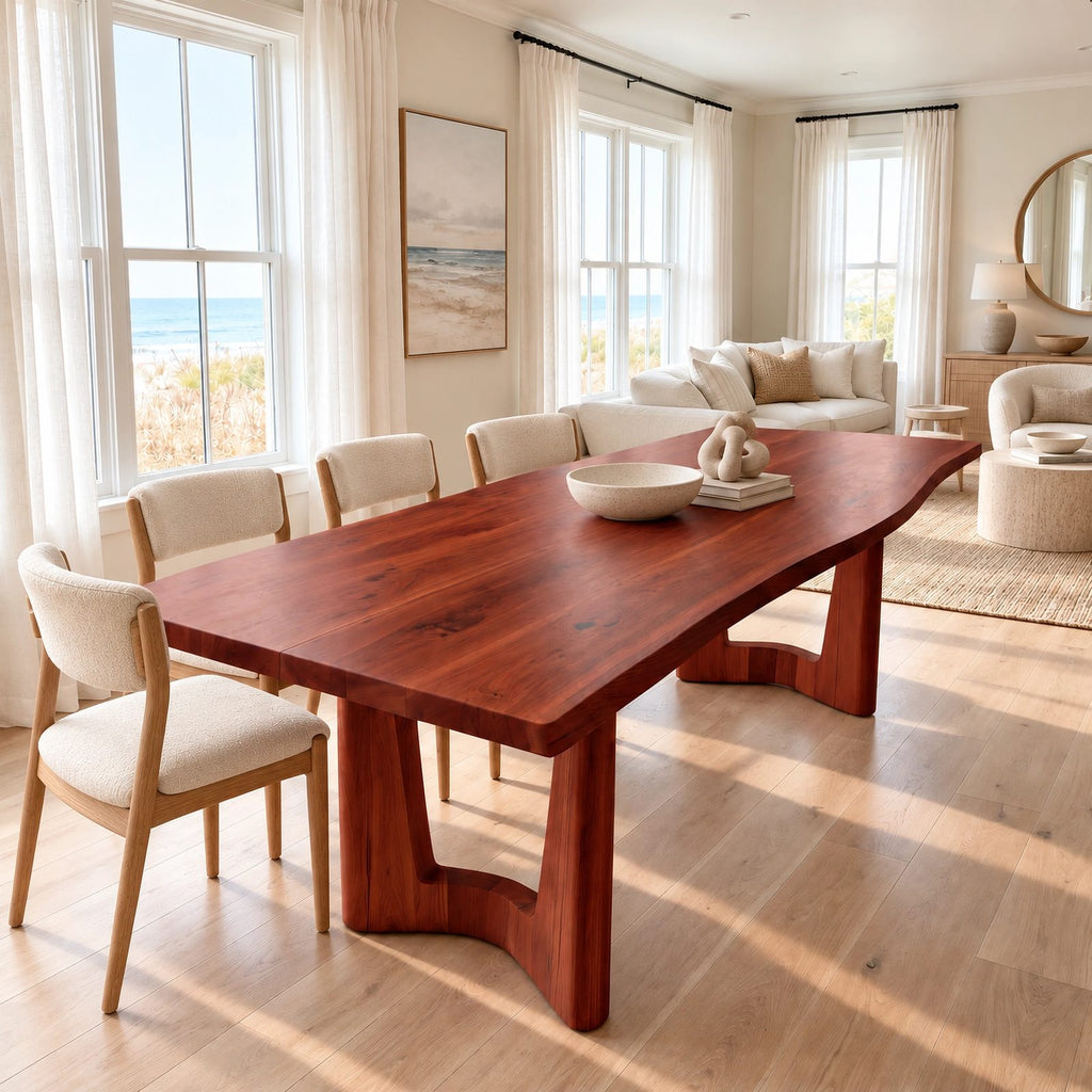 Geometric Solid Wood Dining Table With Flowing Arch Stretcher For Dining Room