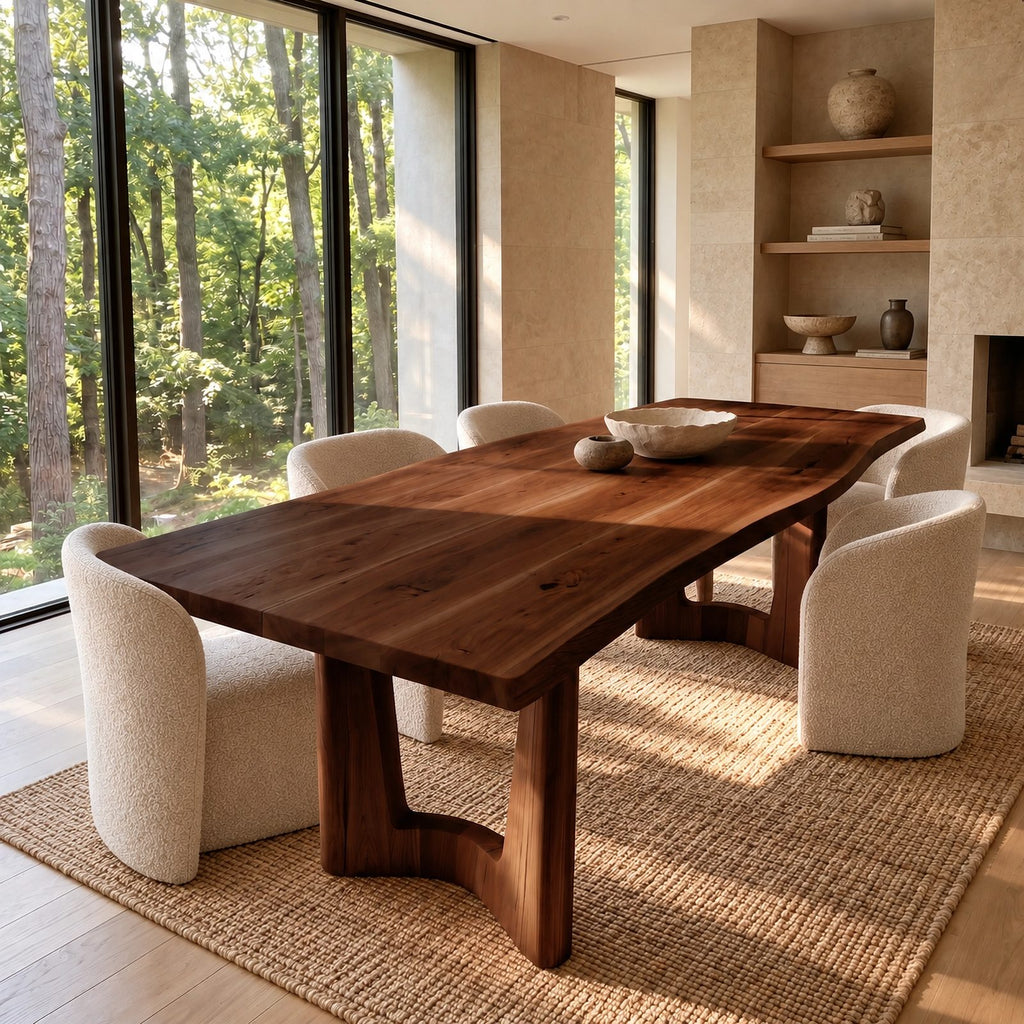 Geometric Solid Wood Dining Table With Flowing Arch Stretcher For Dining Room