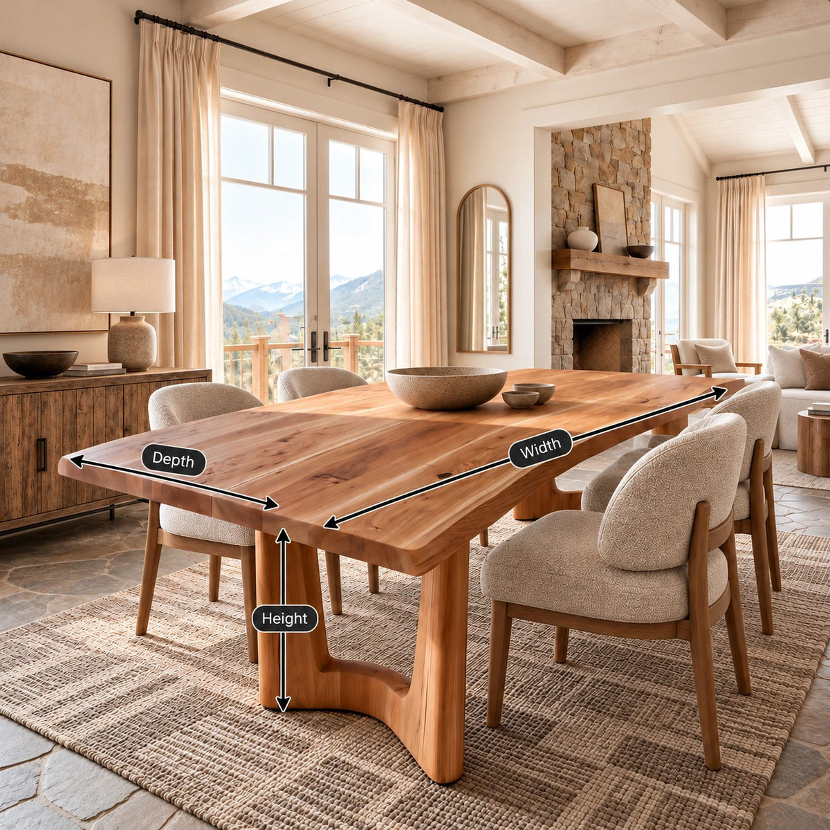 Geometric Solid Wood Dining Table With Flowing Arch Stretcher For Dining Room