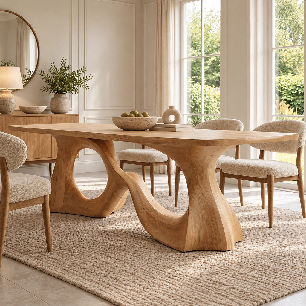 Scandinavian Solid Wood Dining Table With Ring And Curve Base For Dining Room