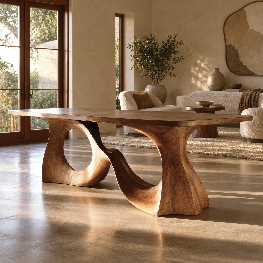 Scandinavian Solid Wood Dining Table With Ring And Curve Base For Dining Room