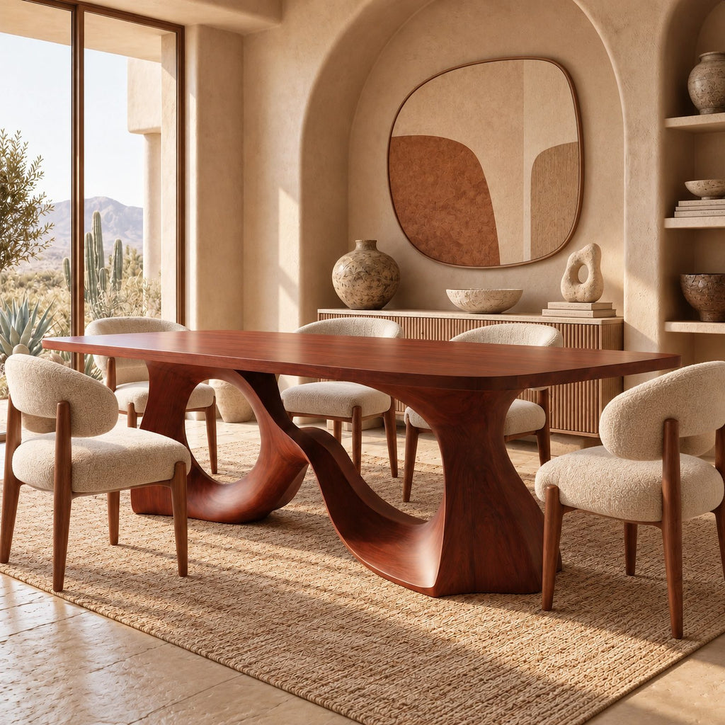 Scandinavian Solid Wood Dining Table With Ring And Curve Base For Dining Room