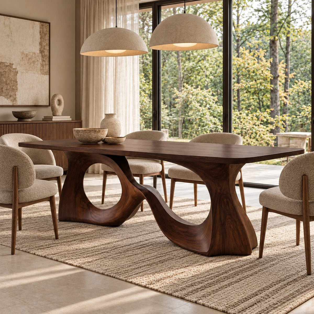 Scandinavian Solid Wood Dining Table With Ring And Curve Base For Dining Room