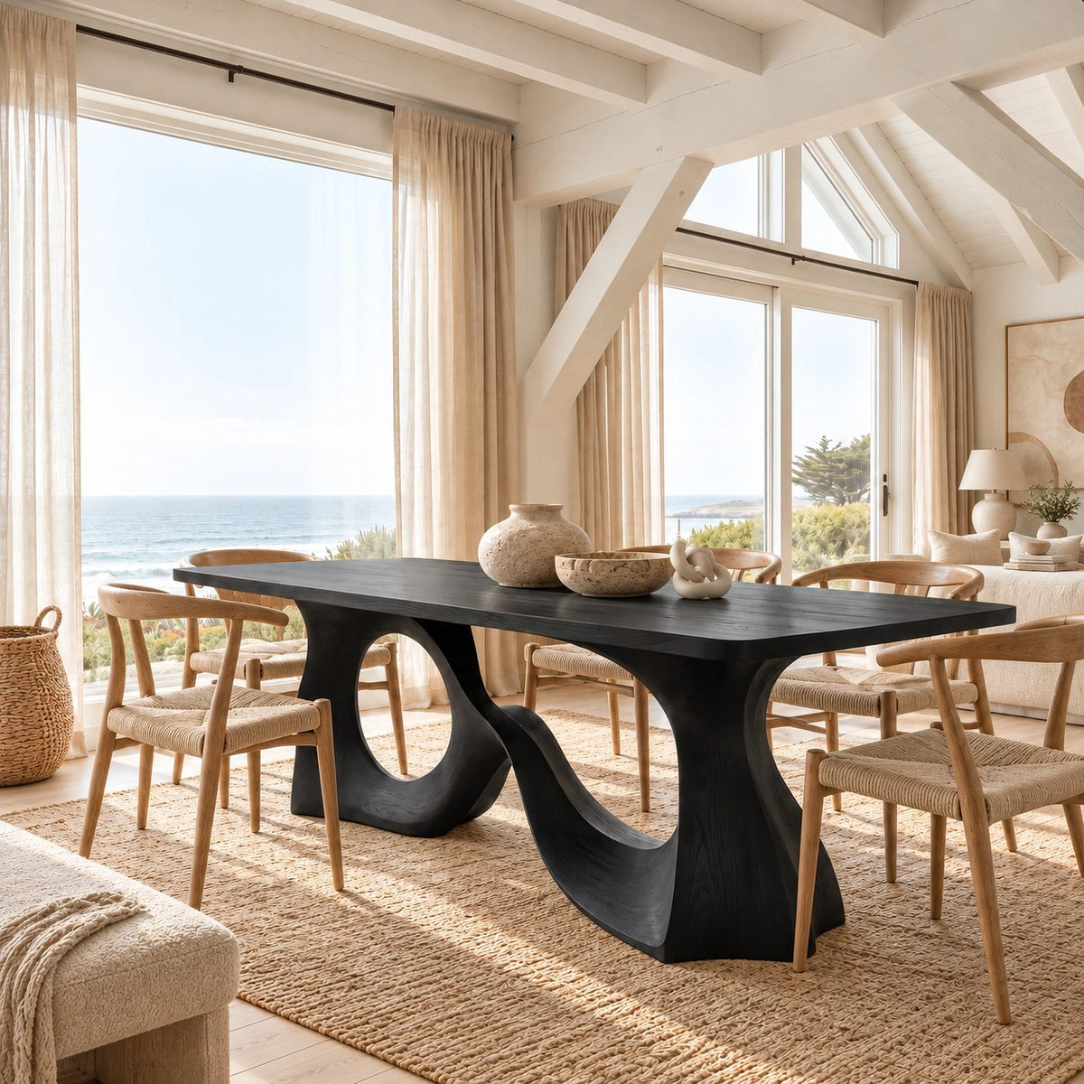 Scandinavian Solid Wood Dining Table With Ring And Curve Base For Dining Room
