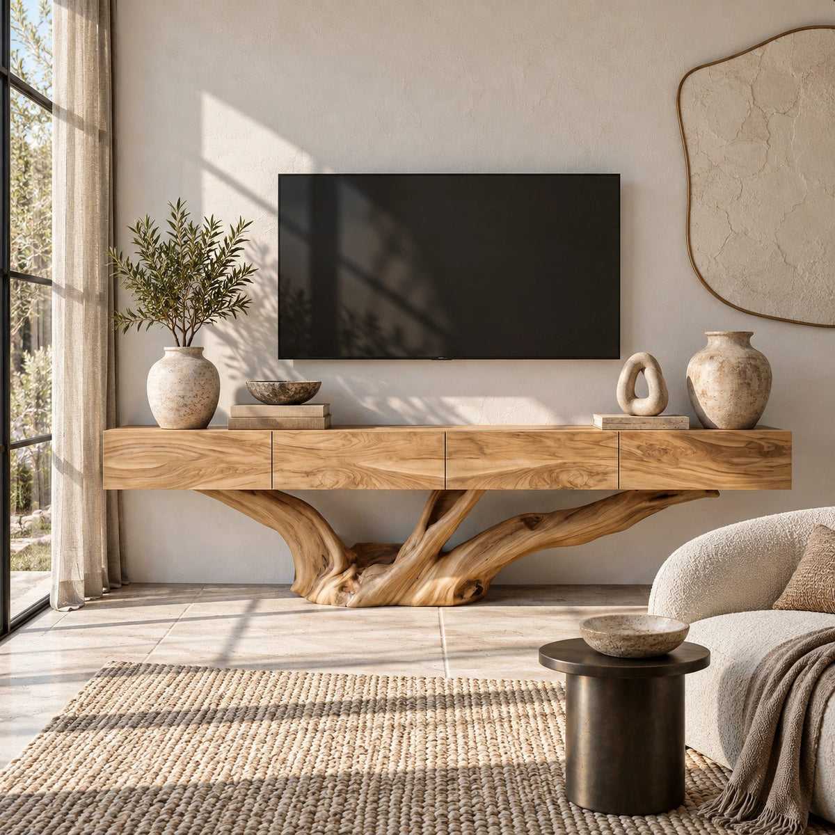 Rustic Floating TV Console With Sculptural Root Base For Living Room