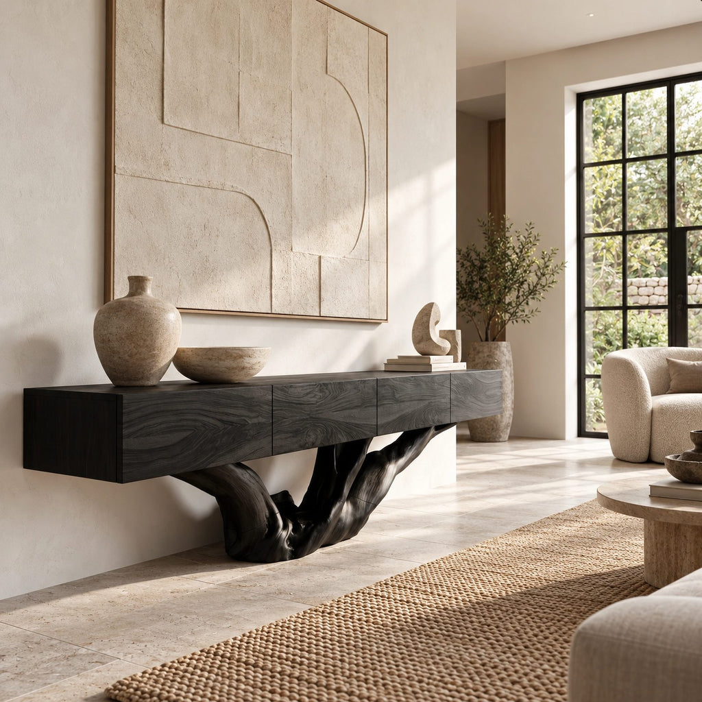 Rustic Floating TV Console With Sculptural Root Base For Living Room