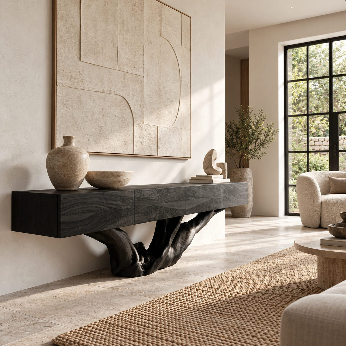 Rustic Floating TV Console With Sculptural Root Base For Living Room