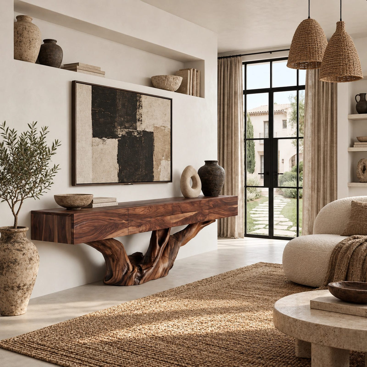 Rustic Floating TV Console With Sculptural Root Base For Living Room