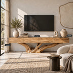 Rustic Floating TV Console With Sculptural Root Base For Living Room