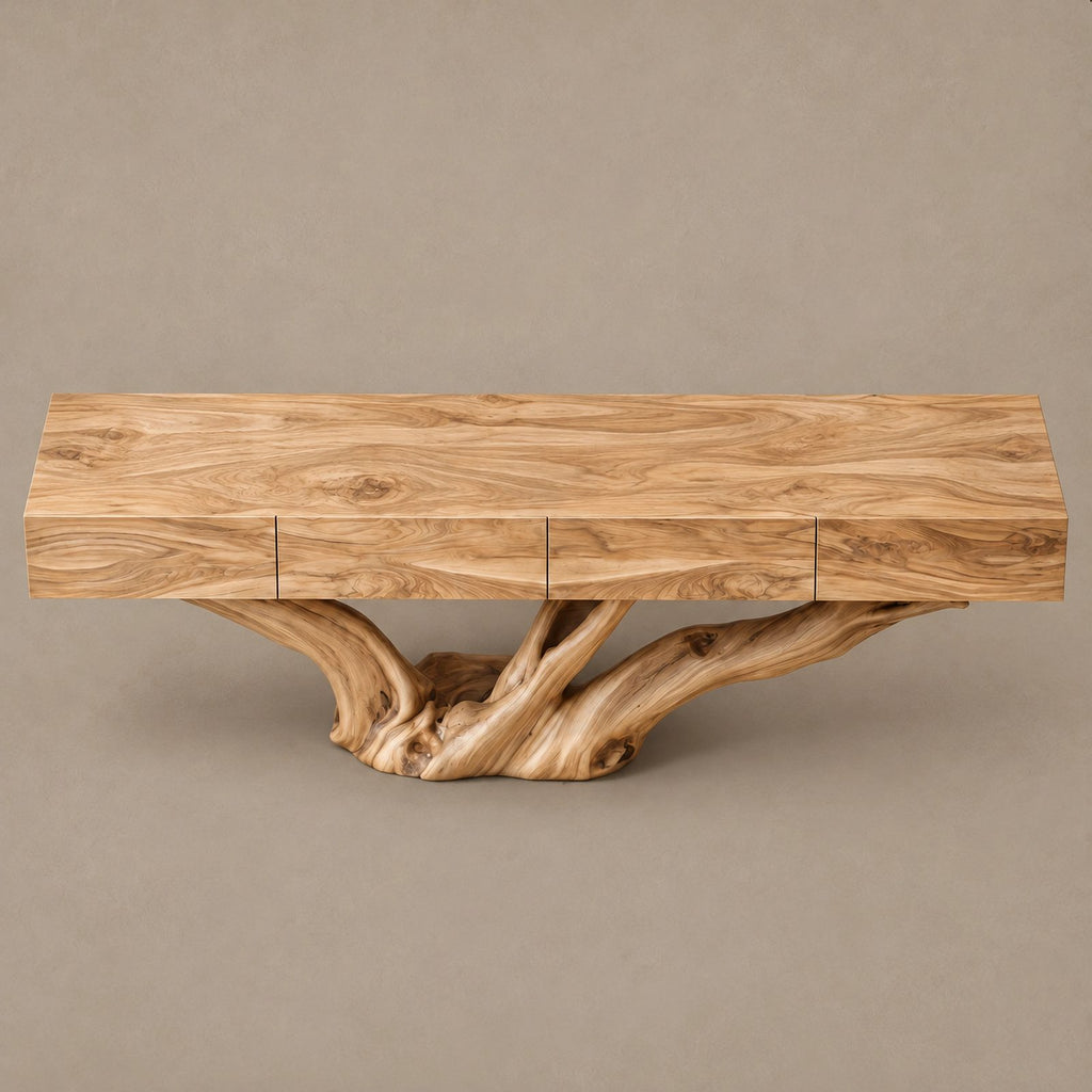 Rustic Floating TV Console With Sculptural Root Base For Living Room