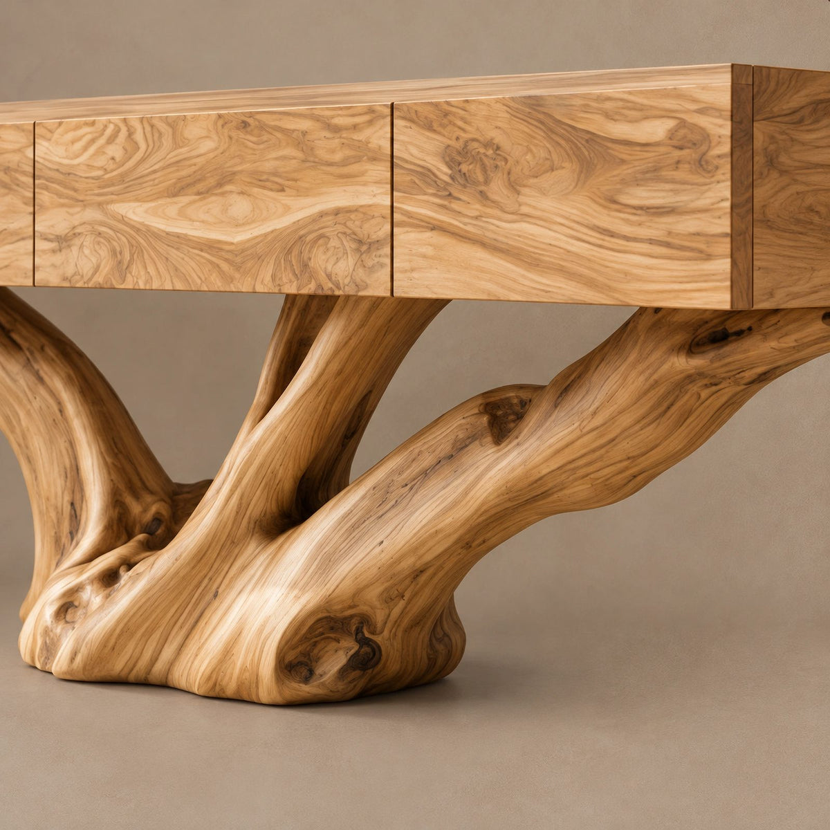 Rustic Floating TV Console With Sculptural Root Base For Living Room