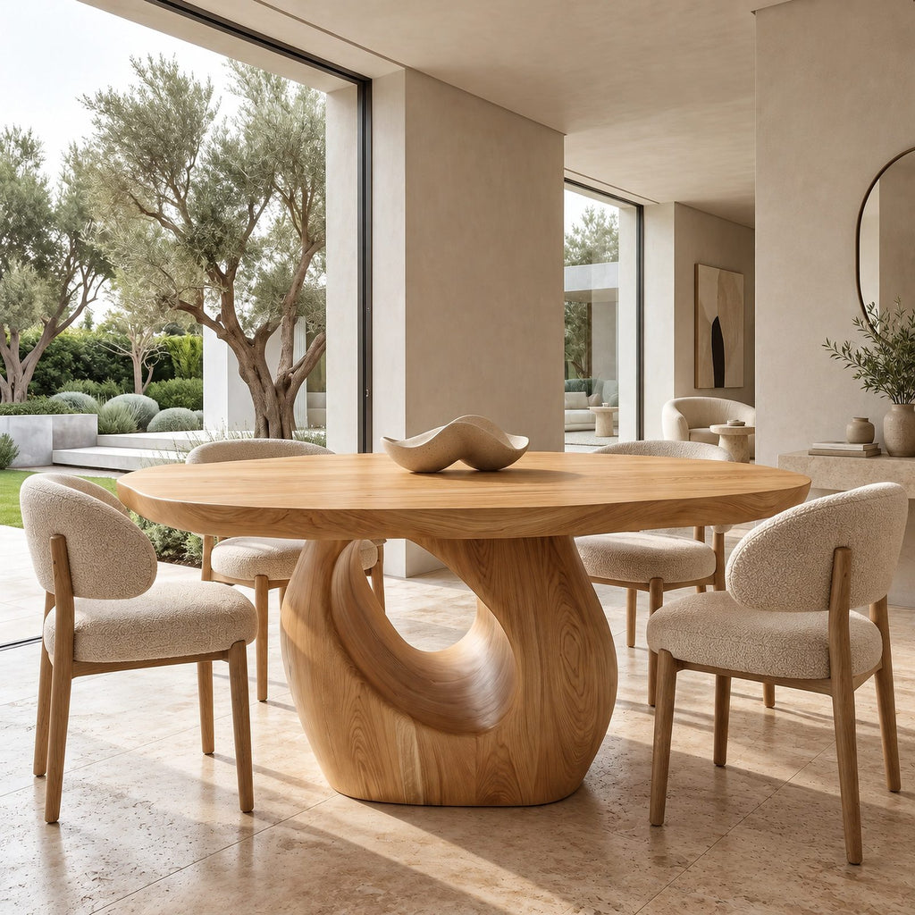 Contemporary Round Dining Table With Sculpted Loop Pedestal For Dining Room