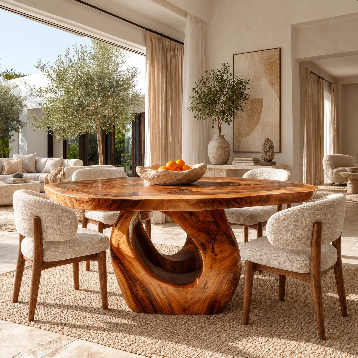 Contemporary Round Dining Table With Sculpted Loop Pedestal For Dining Room