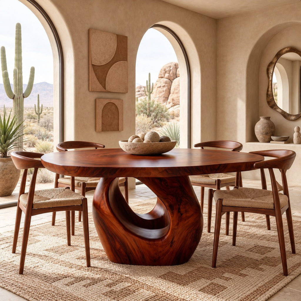 Contemporary Round Dining Table With Sculpted Loop Pedestal For Dining Room
