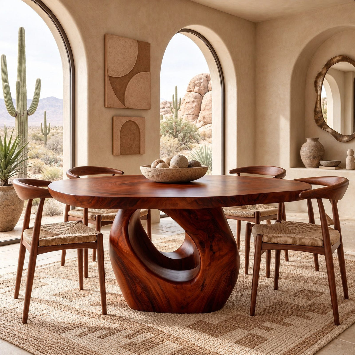 Contemporary Round Dining Table With Sculpted Loop Pedestal For Dining Room